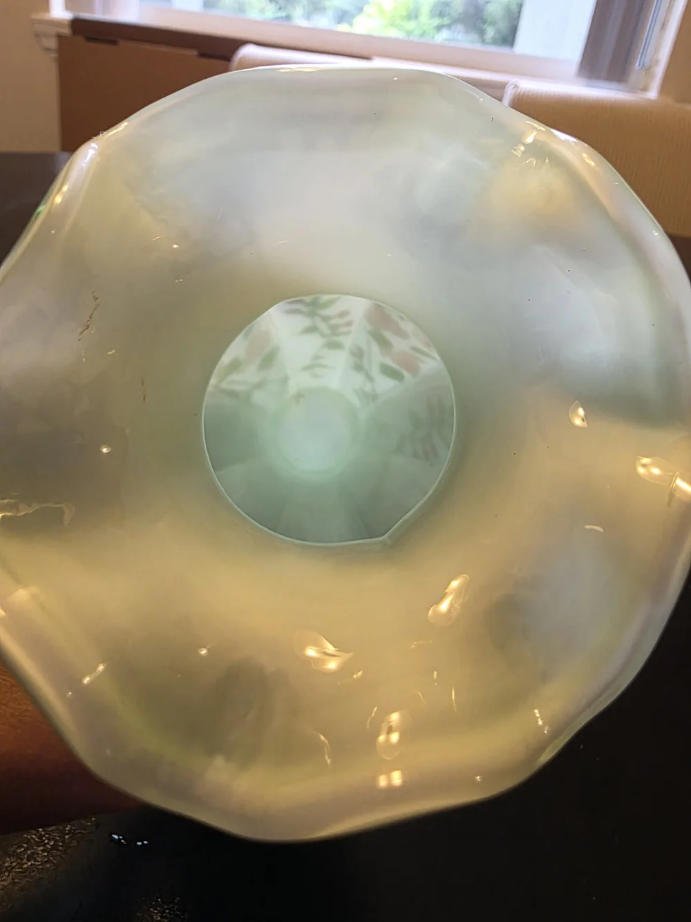 Fenton Opaline Green Cased Glass Ruffle Vintage Floral Hand Painted Roses Vase